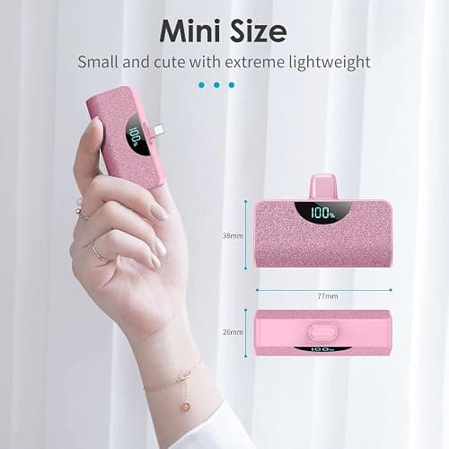 Mini Portable Charger USB-C Power Bank 5200mAh,Ultra Compact LCD Display Battery Pack Backup Charger Compatible with iPhone 17/17 Air/17 Pro/17 Pro Max/16/16 Plus/16 Pro Max/15 Series,Samsung- Pink thumbnail 5