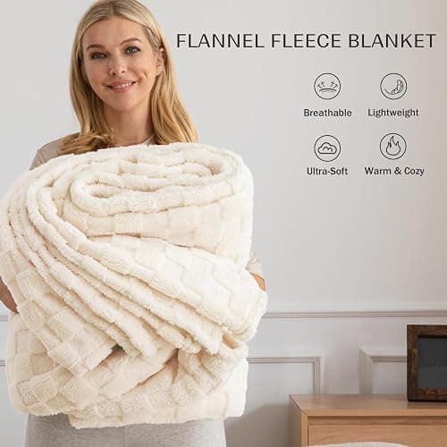Exclusivo Mezcla Fleece Throw Blanket for Couch,Super Soft and Warm Lightweight Checkered Pattern Blankets for All Seasons, 50x60 Inches, Ivory thumbnail 2