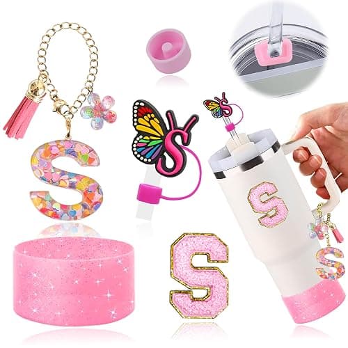 Stanley Cup Accessories Set of 6 PCS, Pink Glitter Letter Theme with Keychain, Butterfly Straw Topper, Silicone Boot, Patch & Cup Decor Kit,Water Bottle Carrier Set (Tumbler Not Included) - Image 1
