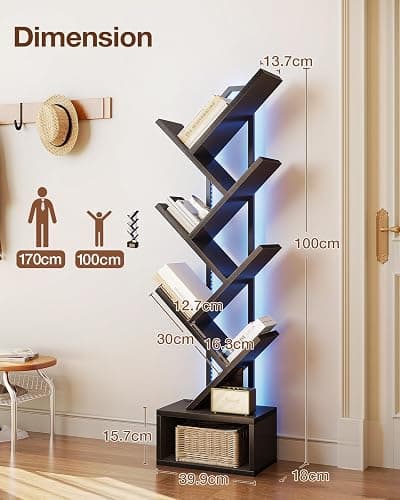 Coleshome Tree Bookshelf, 6-Tier Floor Standing Bookcase, Bookcases suitable for bedrooms and living rooms, Wooden bookshelves suitable for bedrooms and living rooms, Black thumbnail 3