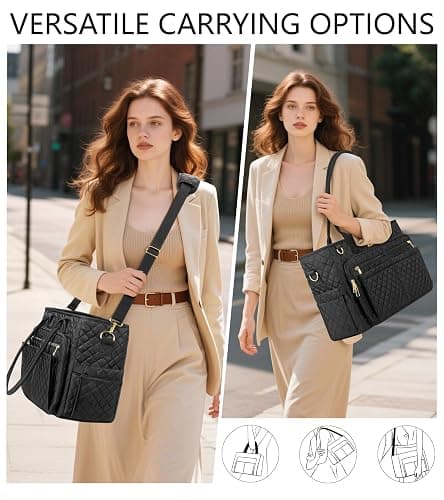 Bagstellar Teacher Tote Bag for Women, 15.6" Laptop Work Tote Computer Bag | Quilted Bible Nurse Bag with 40oz Cup Holder, Insulated Pocket & Strap, Large Laptop Briefcase for School Travel Office Gifts thumbnail 2