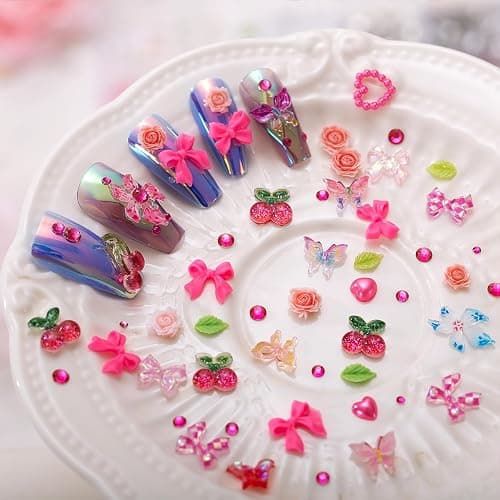 28 Grids Nail Charms Kit with Rhinestones for Nails, 3D Kawaii Bows, Cherry, Flowers, Butterfly. Red Pink Gold Nail Gems, Pearls & Metal Studs. DIY Manicure Art Supplies with Wax Pen & Tweezers thumbnail 5