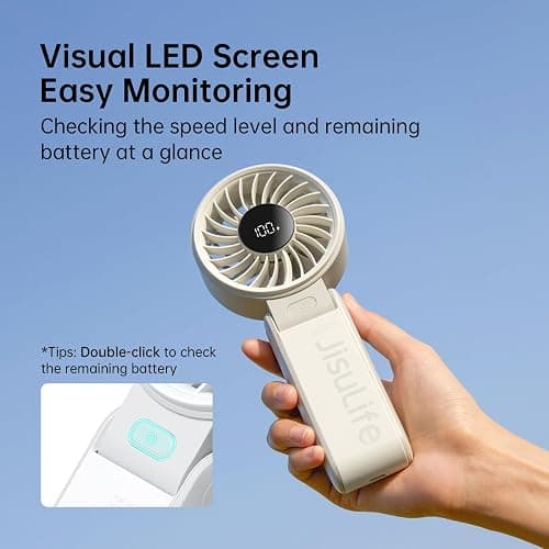 JISULIFE Handheld Fan Life7 – Ultimate Flexibility: Wide & Strong Airflow, 19.5H Max Cooling, 5000mAh Rechargeable, 5-Speed, LED Display, 3 IN 1 Portable Fan for Travel, Concerts, Sports Events(Grey) thumbnail 6
