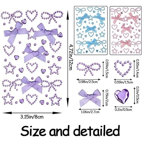 3 Sheets Love Heart Bow Face Gems, Pink Blue Purple Glitter Face Jewels, Self Adhesive Rhinestone Stickers for Women Makeup, Body & DIY Scrapbook Card Decorations thumbnail 3