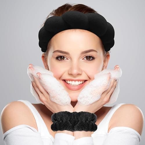 Zkptops Spa Headband for Washing Face Wristband Sponge Makeup Skincare Headband Terry Cloth Bubble Soft Get Ready Hairband for Women Girl Puffy Padded Headwear Non Slip Thick Hair Accessory(Black) thumbnail 2