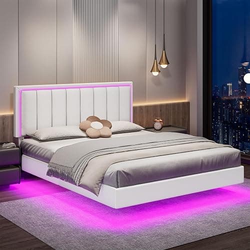 IMMERSTABLE Full Size Floating Bed Frame with LED Lights, Upholstered Platform Bed with Headboard, 11 in Storage Clearance, Solid Wood Slats, No Box Spring Needed, Easy Assembly, White thumbnail 9