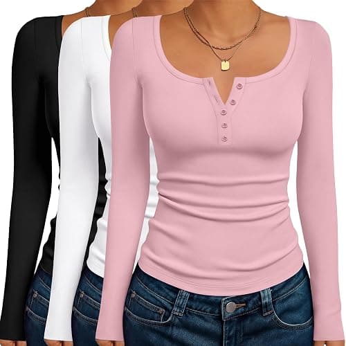 Ekouaer Women's Long Sleeve Henley T Shirts 3 Packs Fall Button Slim Fit Tops Basic Base Layer Soft Thermal Undershirts - Image 1