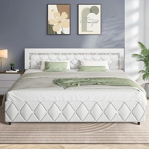 HOMBCK King Bed Frame with Diamond Headboard, Faux Leather Upholstered Platform Bed, Mattress Foundation, No Box Spring Needed, Easy Assembly, Pearlized White - King - White