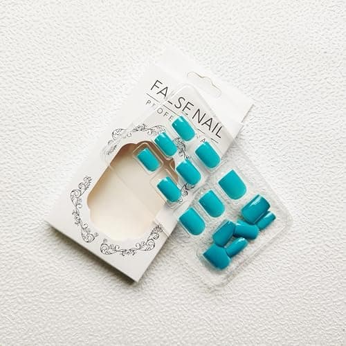 KKUUOO Square Press on Nails Short Fake Cyan False with Solid Color Design Full Cover Acrylic Glossy Glue Cute Stick for Women and Girls DIY Manicure 24Pcs thumbnail 4
