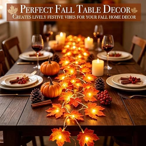 Fall Decor 2 Pack Fall Garland with Lights Enlarged Maple Leaves 20Ft 40LED | Halloween Fall Decorations for Home, Battery Operated Waterproof Autumn String Lights Indoor Outdoor Thanksgiving Decorations thumbnail 6