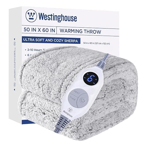 Westinghouse Electric Blanket Throw Size, Soft Plush Sherpa Heated Blanket with 6 Heating Levels & 2-10 Hours Auto-Off, Machine Washable, 50x60 inches, Grey - Image 1
