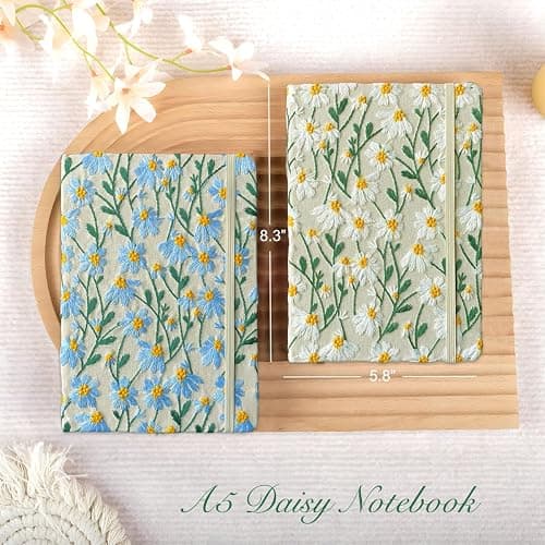 ipoul A5 Notebook, Flower Journal, Embroidered Notebook, 8"x6", Hardcover, Lay Flat, Lined, Wide Ruled Paper, Personalized Notebook, Pretty Journal, Daisy Gifts for Women, Blue, with Elastic Band thumbnail 2