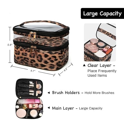 imerelez Double-layer Cosmetic Bag Makeup Bag Travel Makeup Bag Makeup Bags for Women Cosmetics Cases Portable Waterproof Foldable (Leopard) thumbnail 3