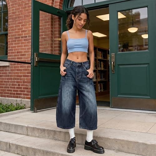 OTEEGX Jorts Women Baggy Jean Shorts Summer Long Denim Y2k Shorts for Women | Barrel Wide Leg Capri, High Rise, 4 Pockets, Plus Size Summer Bermuda Jorts, Boyfriend Vintage Streetwear thumbnail 3