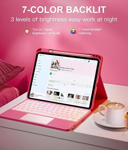 Harvopu Compatible for iPad 11th 10th Generation Case with Keyboard, Folio Cover with Pencil Holder, Multi-Touch Trackpad, 7 Color Backlit, Detachable Keyboard for iPad (A16) 11th/10th Gen (Pink) thumbnail 5