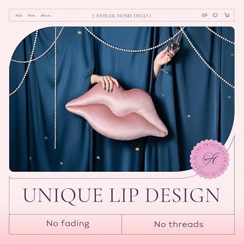 Ashler Upgraded Glossy Velvet Lip Shape Throw Pillow, Delicately Soft, Glossy Shimmering and Brilliant with Velvet Backing for Sofa, Bed and Living Room, Pink, 24 X 12 Inches thumbnail 6