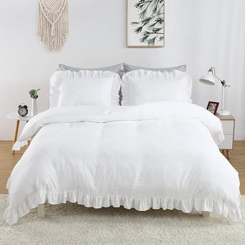 CAROMIO White Ruffle Duvet Cover Queen Size, 3PCS Soft Washed Microfiber Vintage French Country Duvet Cover Set for Queen Bed, White, 90x90 in thumbnail 2