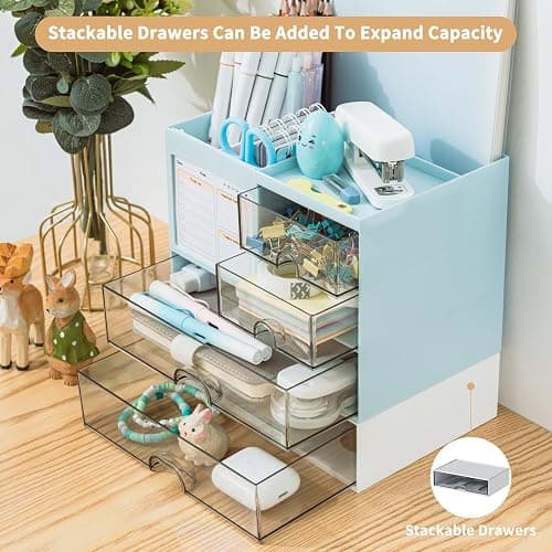 QIYVLOS Desk Organizer with 3 Drawer, Multi-Functional Pencil Pen Holder for Desk, Desk Organizers and Storage with 8 Compartments, Desktop Organizer for Office Home Art Supplies (Blue) thumbnail 6