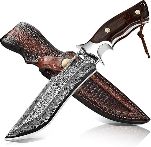 10.4''Damascus Bowie Hunting Knife | Full Tang Fixed Blade with VG10 Core & Leather Sheath,Adventure,Survival,Hiking,Camping,Ideal Gift Knives for men women, - Image 1