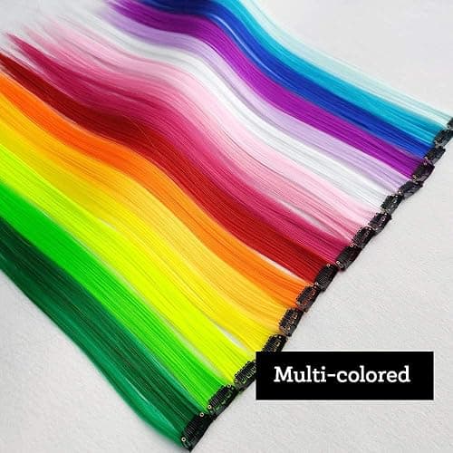 KGBFASS 32Packs Colored Hair Extensions 20Inch Straight Color Clip in on Hair Extension Rainbow Party Highlights Synthetic Hairpiece for Girls (16 colors) - Rainbow color-32Pcs thumbnail 2