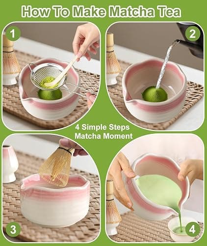 JBER Matcha Set, 7PCS Matcha Whisk Set with Bamboo Whisk and Ceramic Bowl | Matcha Kit Includes Bowl, Handmade Matcha Whisk 100 Prongs, Holder, Spoon, Powder Sifter for Matcha Lovers, Gradient Pink thumbnail 5
