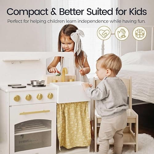 Tiny Land Toddler Kitchen Playset, Wooden Play Kitchen Set Toy with Cutting Food & Cookware, Oven, Clicking Knobs, Stove and Sink, Small Toy Kitchen Gift for Kids, Girls & Boys - Cream thumbnail 5