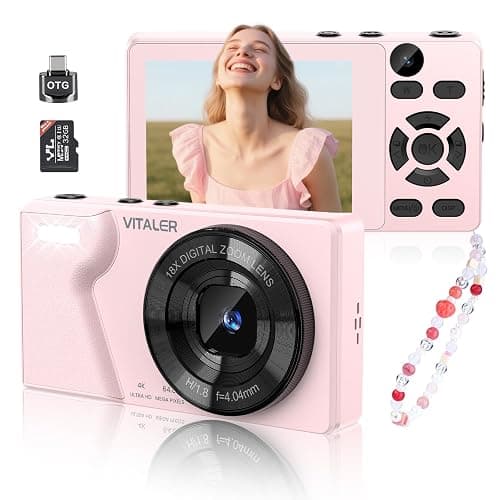 Digital Camera 4K 64MP Compact Camera with Dual Lens,2000mAh Battery,2.8" IPS Screen,18X Digital Zoom,32GB Micro SD Card and OTG Adapter Auto-Focus Small Camera for Kids,Teenagers,Beginners,Pink - Image 1