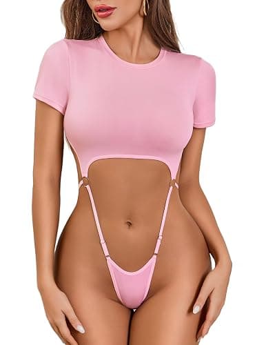 Avidlove Women's Sexy Cut Out Lingerie Bodysuit Short Sleeve Tshirt Body Suits Slim Fit Crew Neck Crop Tops - Image 1