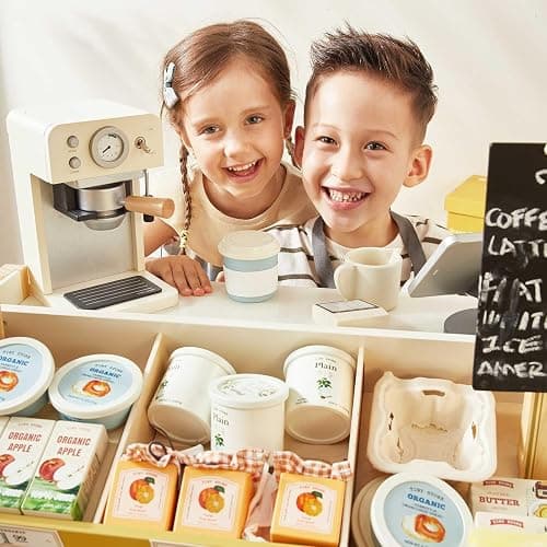 Tiny Land Wooden Play Store Pretend Grocery Store Role Play Toy | Pretend Farmers Market & Coffee Shop with Cash Register, DIY Price Tags, Chalkboard for Toddlers thumbnail 11