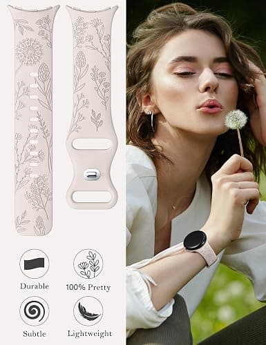 Minyee 2 Packs Floral Engraved Bands Compatible with Google Pixel Watch 4/3 41mm/Pixel Watch 2/1 Band Women, Cute Soft Silicone Flower Sport Fancy Straps thumbnail 5