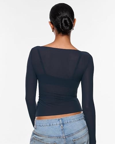 INLYRIC Women's Cosnufy Mesh Sheer Long Sleeve Tops See Through Boat Neck Going Out Tops Trendy Sexy Shirts thumbnail 6