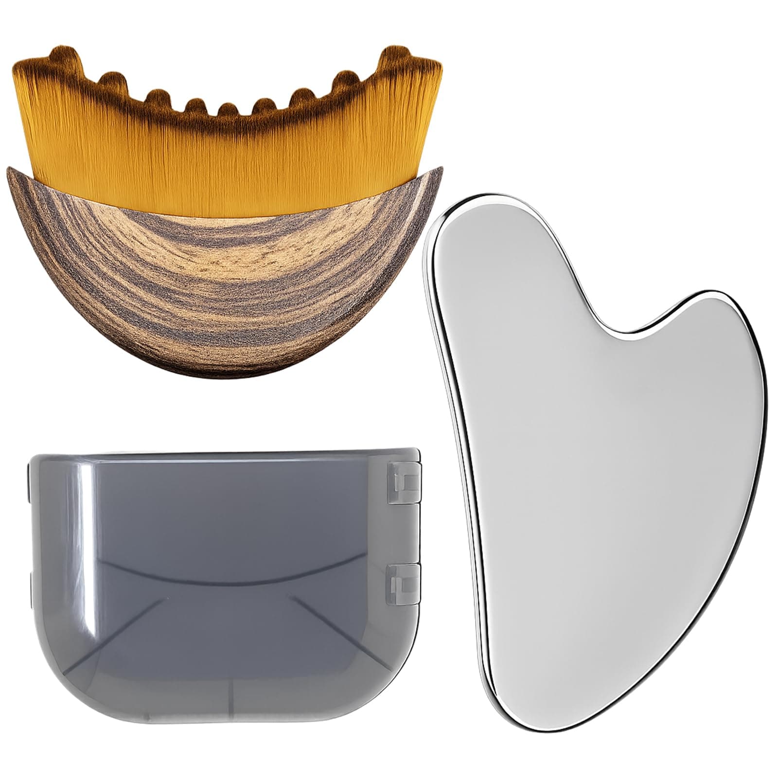 Stainless Steel Gua Sha Tool & Lymphatic Drainage Face Brush Set, TWPER Facial Massage Kit for Jawline Sculpting Puffiness Lifting Relaxation, Contour Face Brush with Storage Case - Image 1