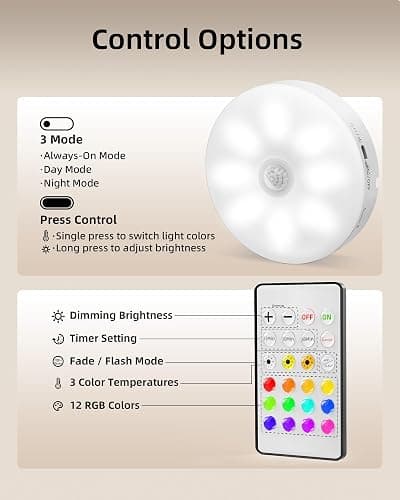 EZVALO 6-Pack Under Cabinet Lighting, Rechargeable Motion Sensor Puck Light with Remote, 3 Color Temps & 12 RGB Colors, Magnetic Stick on Light, Dimmable Under Counter Light for Kitchen, Home Decor thumbnail 8