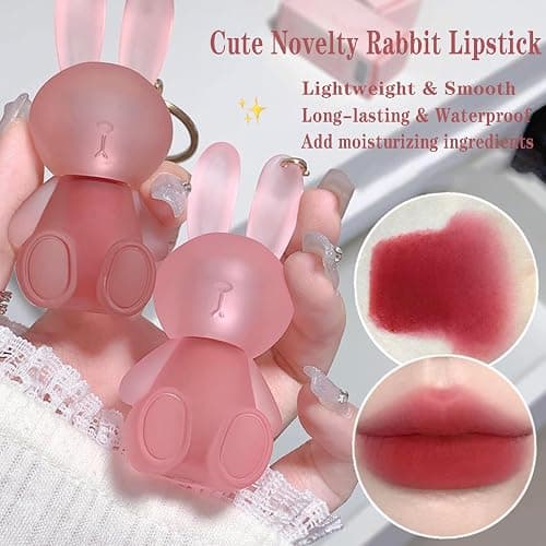 6 Colors Velvet Matte Liquid Lipstick set, Cute Rabbit Lip Glaze 2 in 1 Key Chain Lip Gloss Lip Stain, Waterproof Non-Stick Cup Long Lasting Lip Clay Cute Lip Makeup for Girls thumbnail 3