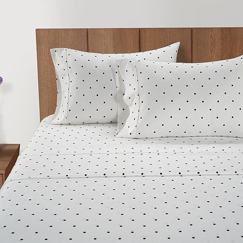 450 TC 100% Cotton Printed Polka Dot Queen Sheets, Soft Sateen Weave, Deep Pocket Queen Sheets for 15” Mattress, Mercerized Cotton Fully Elasticized Luxury Hotel Bedding, Polka Dot - Black thumbnail 5