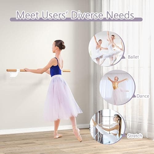 COSTWAY Wall-Mounted Ballet Barre for Kids Adults, 120cm Single Ballet Bar, Beech Wood Ballet Equipment for Home Studio Dance, Stretching, Yoga and Pilates thumbnail 3