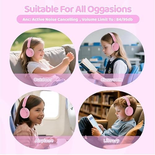 MIDOLA Active Noise Cancelling Kids Headphones Bluetooth 5.4 Wireless Volume Limited 85/94dB,Type C Fast Charging,Over Ear Foldable with Mic Aux Cord for Toddler Child Pad Tablet Pink thumbnail 2
