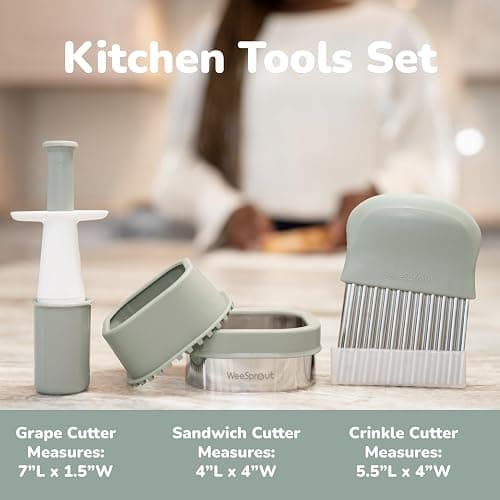 Baby Led Weaning Kitchen Tool Set, Includes Crinkle Cutter, Grape Cutter & Sandwich Cutter, Made In Collaboration With Feeding Specialist, Durable & Dishwasher Safe, Matte Green thumbnail 3