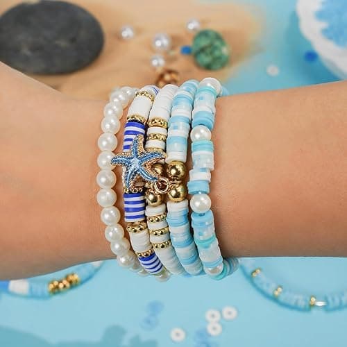 Gionlion Clay Beads for Bracelets, Blue Winter Clay Beads Bracelet Making kit with Golden Pearl Beads for Jewelry Making, Charms Bracelet Kit and Crafts DIY Valentines Day Gifts for Her Women thumbnail 2