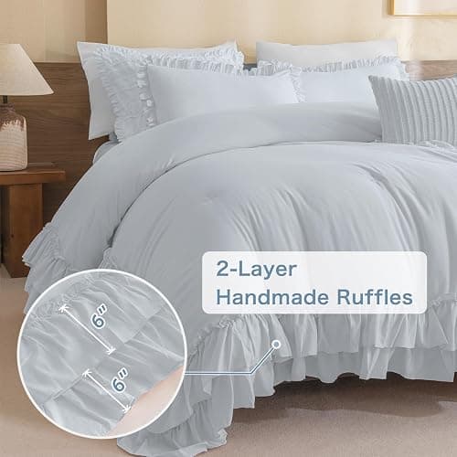 Masaca Ruffle Comforter Full Size,3 Pieces Farmhouse Shabby Boho Chic Full Bedding Set,Vintage Ruffled Rustic Light Blue Bedding Comforter Set for All Season thumbnail 5