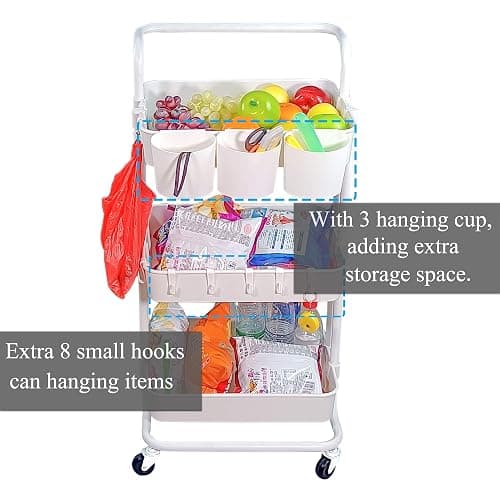 Lontenrea 3-Tier Rolling Cart Utility Storage Shelves Cart with 3 PCS Hanging Cup and 8 PCS Hook (White) thumbnail 4