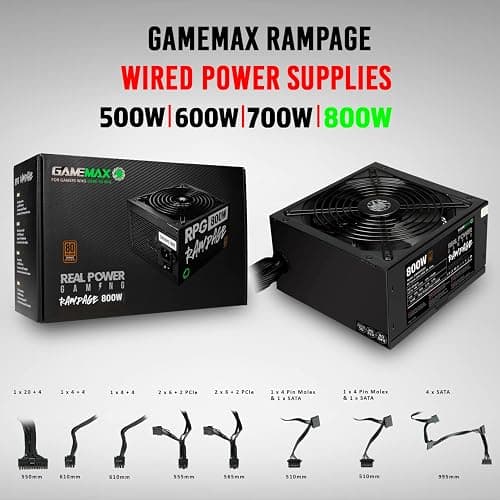 GameMax 800W Rampage Power Supply, Non-Modular, APFC, Japanese Tk Main Capacitor, 80 Plus Bronze, 88% Efficiency, 14cm Cooling Fan, Real Power Gaming | Black thumbnail 6