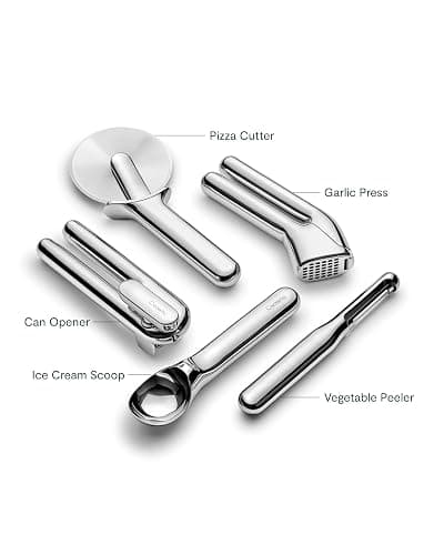 Caraway Kitchen Gadget Set - 5 Piece Kitchen Essentials - Stainless Steel - Includes Can Opener, Pizza Cutter, Garlic Press, Ice Cream Scoop, Vegetable Peeler, and Storage Organizer thumbnail 4