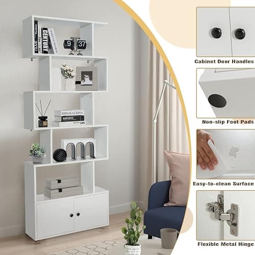 Giantex 6-Tier Geometric Bookcase with Cabinet, Freestanding Display Shelves with Anti-Tipping Device, Wood S-Shaped Bookshelf for Living Room, Bedroom, Study, White thumbnail 5