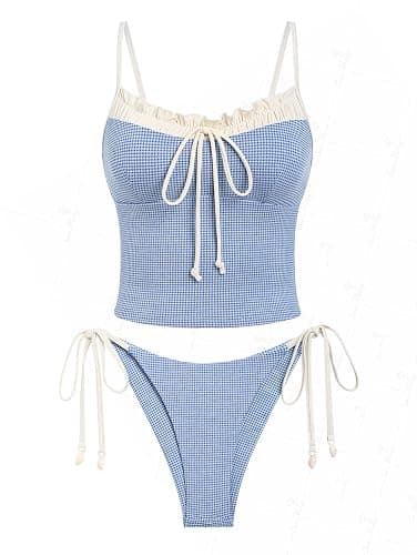 seamoly Women’s Cute Tankini Set Gingham Two Piece Swimsuits with Bow Back Tie Side Bottom - Image 1