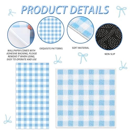Weysat Blue 9 Pcs Locker Accessories Wallpaper Mirror Magnets, Gingham | Back to School Decor for Middle High School, Magnetic Wallpaper for Classroom, Rectangle Mirror, Bow Magnets Set thumbnail 3