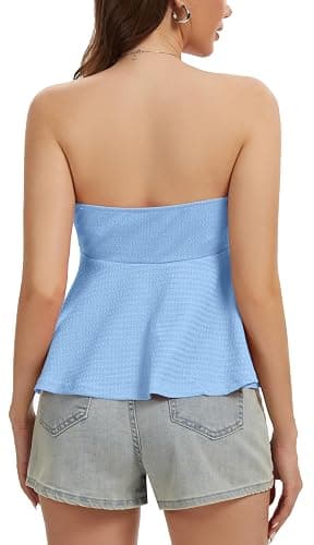 Tube Tops for Women Strapless Tie Front Ruched Tops Peplum Flared Hem Casual Bandeau Top thumbnail 5