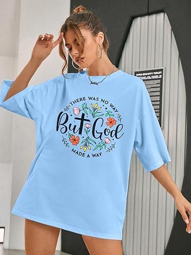 But God Shirt Women Oversized Christian Tshirt Faith Sayings Jesus Graphic Tee Religious Short Sleeve Tops - Light Blue - Small thumbnail 2