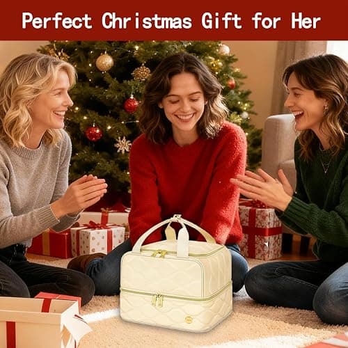 YOREPEK Large Makeup Bag Organizer, 2-Layer Travel Cosmetic Bags with Compartments for Women, Portable Makeup Cases for Skincare Bottles, Brushes, Lipstick – Cosmetiquera para Maquillaje, Beige thumbnail 2