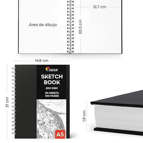 Zenacolor Sketchbook A5, Cuaderno de Dibujo 50 hojas/100 páginas, 200 g/m² de papel muy grueso - Bloc de Dibujo con Tapa Dura y espiral para Niños, Profesionales, Dibujar y Hacer Bocetos | Tapa dura · Encuadernación en espiral · Bloc de bocetos · Sin impresión · Páginas separables · Lápiz · Carbón · Pastel thumbnail 6